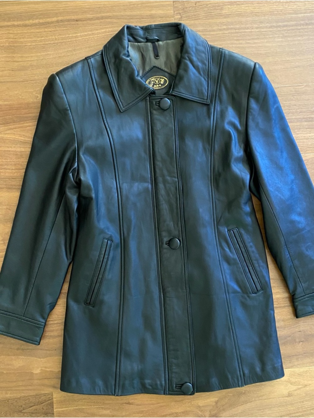 Black Leather Jacket Womens XL Mid Length Coat Classic Button Zip